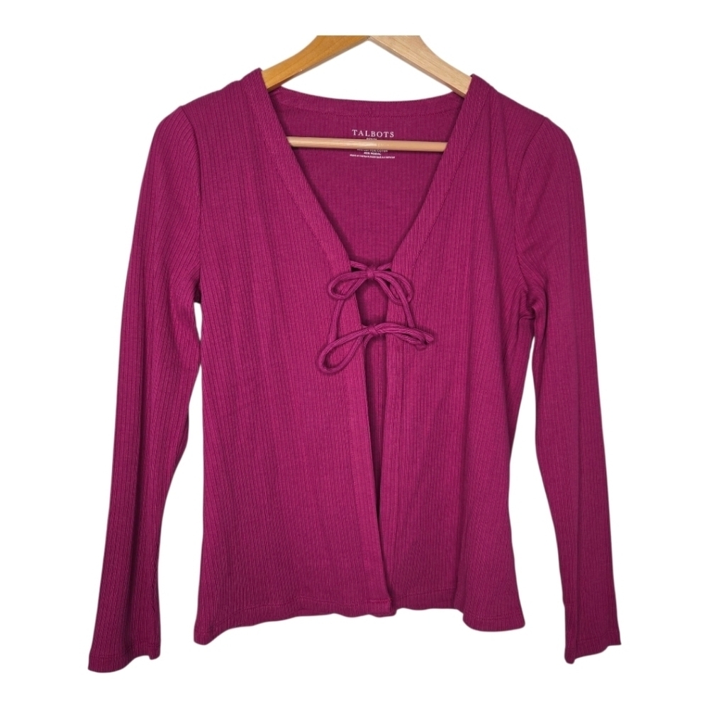 Talbots Womens Plumrose Ribbed Tie Front Modal Cotton Cardigan Medium P